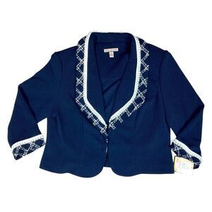 Maya Brooke Blazer Womens 12 Navy Blue Pearl Trim Open Front Evening Jacket NWT